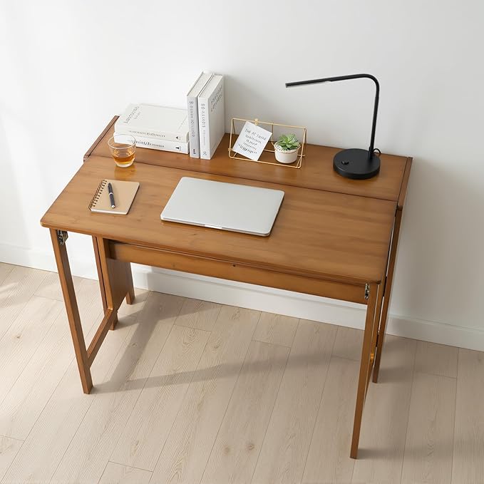 Wood Foldable DeskSpace Saving Foldable Table Bamboo Folding Desk Study Table with Bookshelf for Office Home Study Bedroom