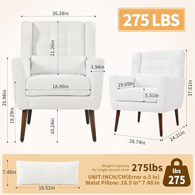 Accent Chair Set of 2 Upholstered Armchair with Pillow Teddy Single Sofa with Lounge Seat and Wood Legs for Living Room Small Spaces