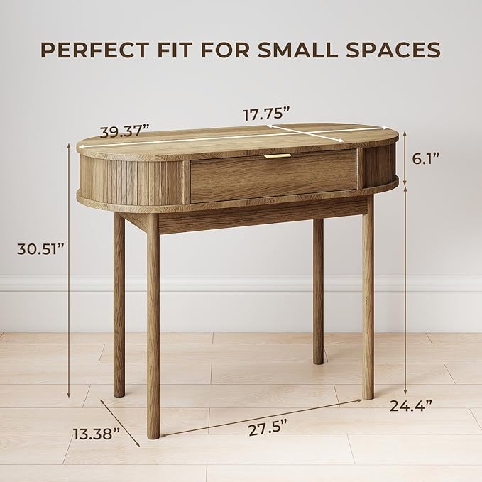 Writing Desk with Drawer 39 Small Computer Desk with Fluted Design Oval Wood Study Table for Small Space Modern Home Office Desk Makeup Vanity Table for Bedroom Brown