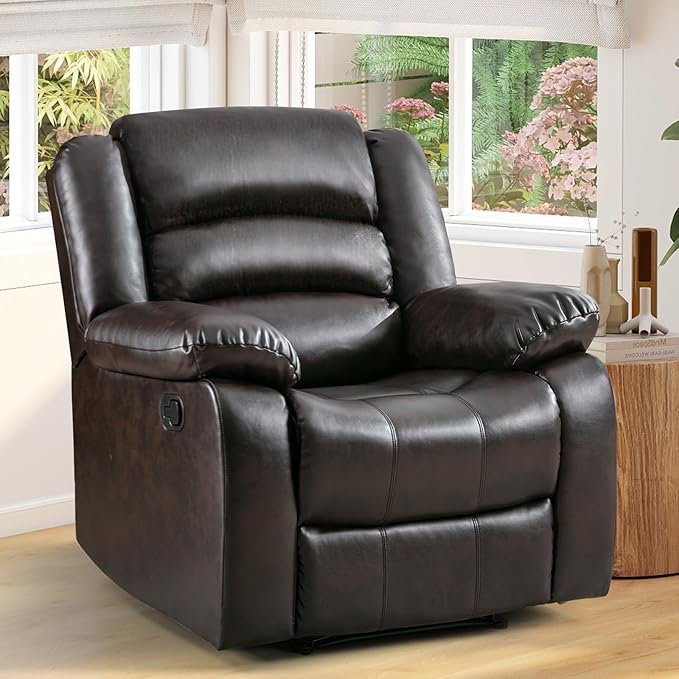 ANJ Manual Recliner Chair Breathable Faux Leather Reclining Chairs with Overstuffed Arm and Back Living Room Single Sofa Recliners (Dark Brown)
