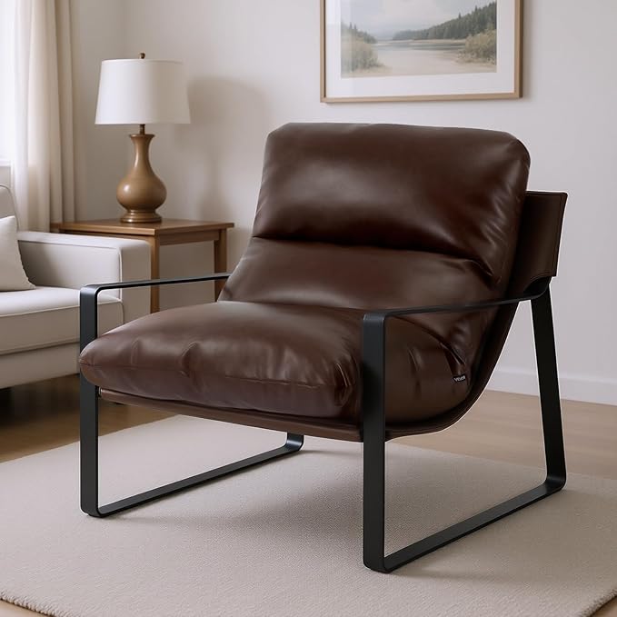 VEVOR Accent Chair Modern PU Leather Armchair Cozy Upholstered Chair with Soft Foam Cushioning Sturdy Metal Frame and Detachable Cushion for Living Room Bedroom Reading Room Office Brown