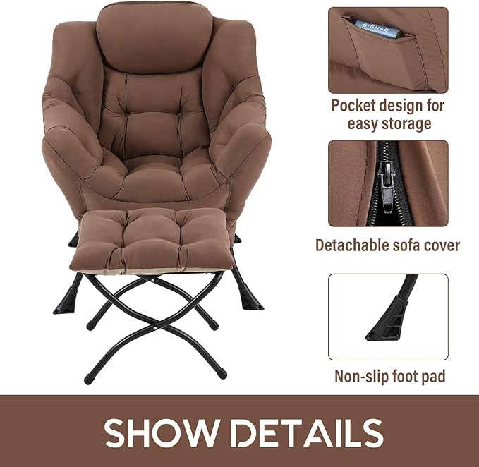 LITA Lazy Chair with Ottoman Modern Accent Leisure Upholstered Sofa Chair Contemporary Lounge Reading Chairs with Armrests and a Side Pocket for Living Room Bedroom &amp Small Space Dark Brown