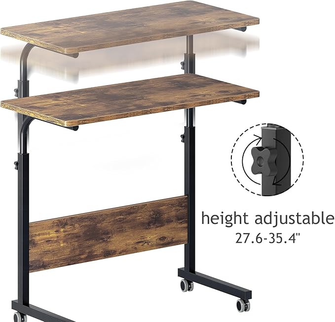 DlandHome Rolling Desk Adjustable Standing Desk Mobile Side Table 31.4 Inches w/Wheels Adjustable C Table Movable Portable Laptop Computer Stand for Bed SofaRetro