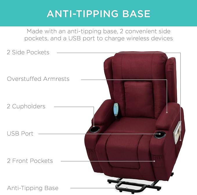 Best Choice Products Modern Linen Electric Power Lift Chair Recliner Massage Chair Adjustable Furniture for Back Legs w/ 3 Positions USB Port Heat Cupholders Easy-to-Reach Button - Burgundy