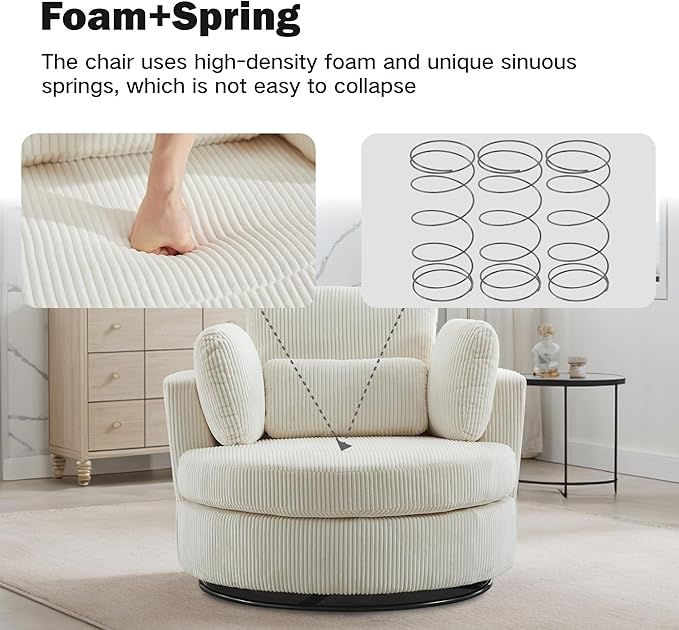 Chifee &amp Vingol 42 Oversized Swivel Accent Chair Round Barrel ChairCorduroyIvory