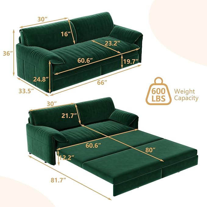 GNIXUU 66 Queen Pull Out Sofa Bed Velvet Convertible Sleeper Sofa Couch with Side Storage Comfy Cloud Futon Bed Pull Out Couch for Living Room Apartment Small Space(Green)