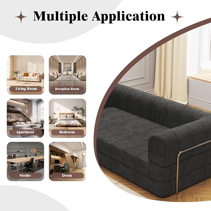 Convertible Corduroy Sleeper Sofa BedFolding Mattress Couch with Fixed-Shape Frame 3 Seater Fold Out King Size FutonNo Assembly Floor Couch for Living Room Dorm Studio 78.7*39.4*29.6 in Black