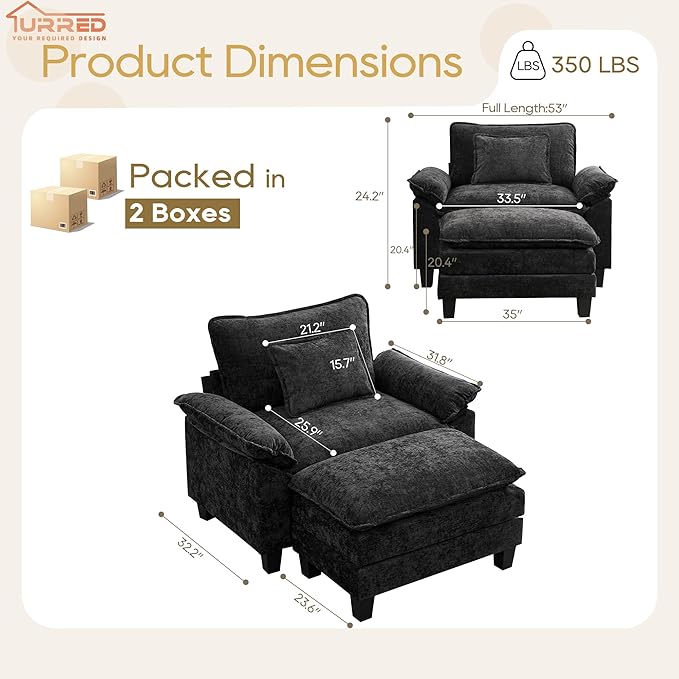 URRED Modular Sectional Sofa Comfy Cloud Couch Modern Chenille Sofa Sleeper Deep Seat Couches with Ottoman/Pillows for Living Room (Black 53''- Ottoman)