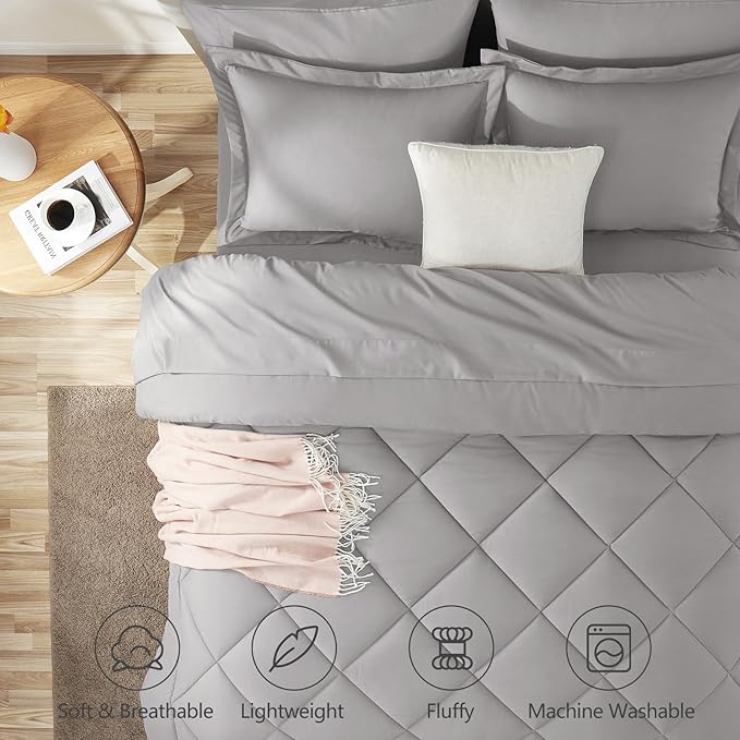 CozyLux Queen Comforter Set French Grey - Bed in a Bag Queen Size 7 Pieces Luxury Soft Bed Set for All Seasons Bedding Set with Down Alternative Comforter Sheets Pillowcases &amp Shams