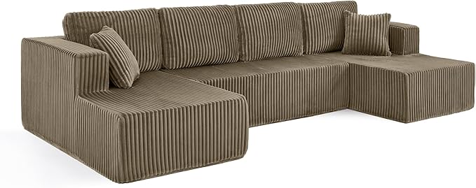 132 U Shaped Couch Boneless Sectional Sofa with Double Chaise Lounge Comfy Memory Foam Corduroy Cloud Couch Modular Sofas Couches for Living Room No Assembly Required (Brown U Shape)