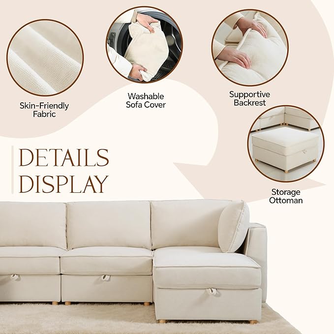 93'' Modular Sectional SofaFSC Certified 4 Seater Sectional SofaChenille Couch with Removable Washable CoversModern Couch with OttomanU Shaped Couch with StorageBlue Couches for Living Room