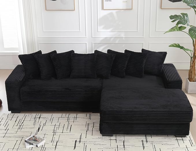 111 Inch Cloud Sectional Couches for Living Room | L-Shaped Sectional Couch with 8 Pillows | Corduroy Couch with Deep Seat | Solid Wood Frame Sofa Black (Right Facing Chaise)