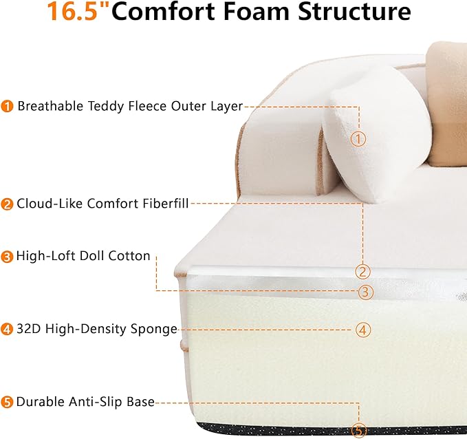 105.9 L-Shaped Boneless Sofa Left Chaise Plush Teddy Fabric 3-Seater Sectional Couches with 32D High-Resilience Foam Wide Arms for Living Room ApartmentWhite
