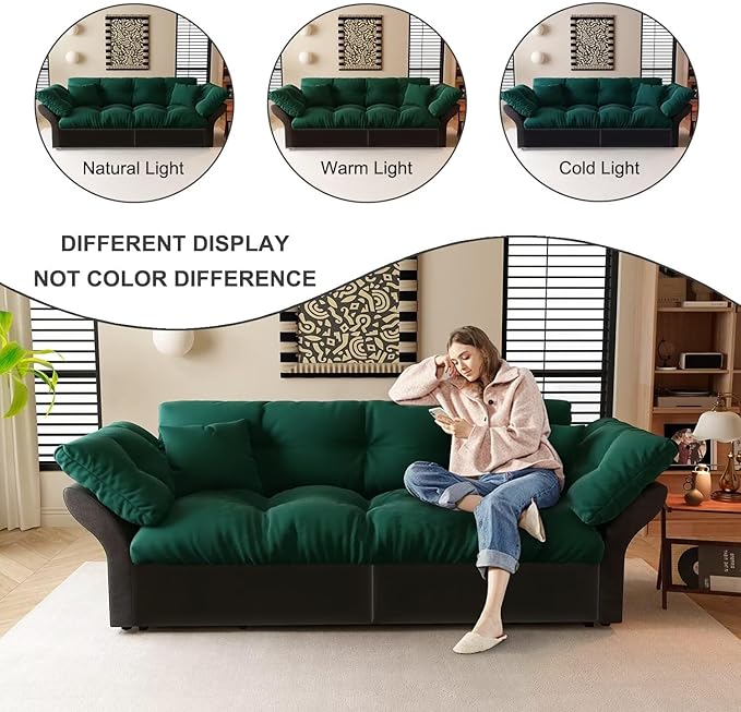 74.8 Queen Velvet Pull Out Sofa Bed 3-in-1 Convertible Sleeper Tufted Couch with 2 Soft Pillows Multi-Functional Folding Loveseat Bed Green