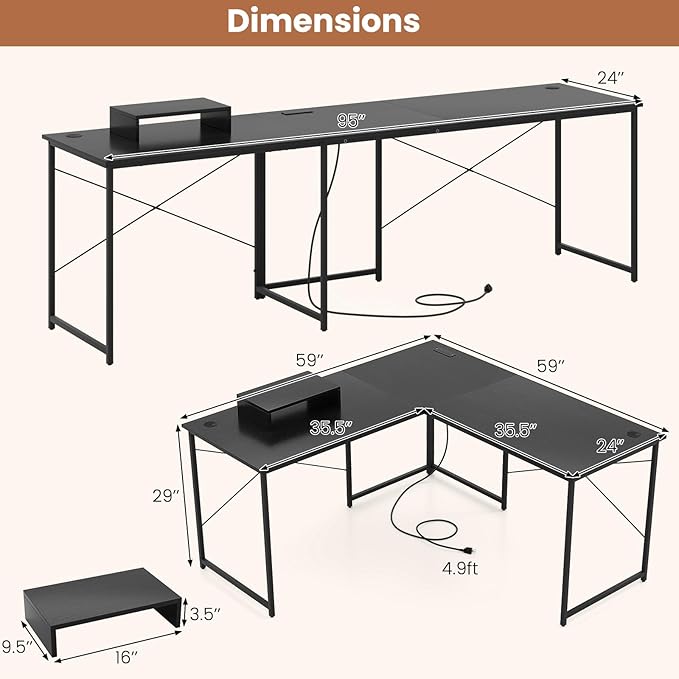 Tangkula L-Shaped Computer Desk with Power Outlets 95” Long 2-Person Desk with Monitor Shelf Modern Corner Desk Gaming Table with USB Ports for Home Office