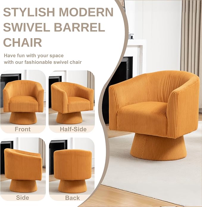 Swivel Accent Chair Modern 360° Barrel Chair Corduroy Upholstered Single Sofa for Living Room Bedroom(Mustard)