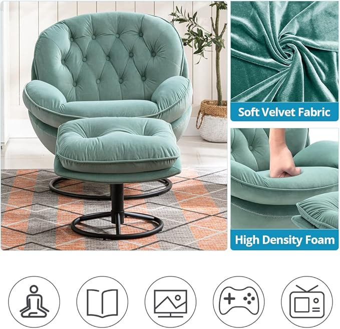 Velvet Swivel Accent Chair with Ottoman Set Modern Lounge Chair with Metal Base Frame &amp Footrest Comfortable Single Leisure Sofa Chair Reading Chair with 360 Degree Swiveling for Living Room Te