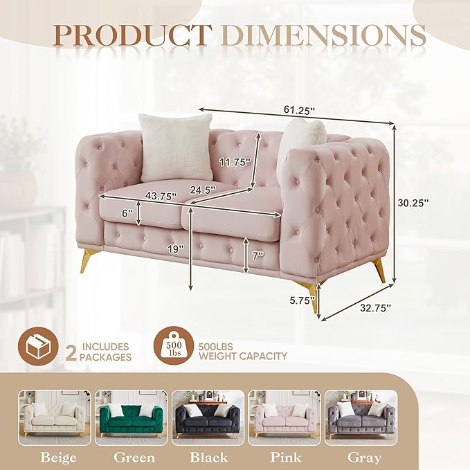 61.25 Velvet Chesterfield Sofa Mid-Century Modern Love Seat Button Tufted Couch with Curved Arms Gold Metal Legs Deep Seat Small Space Comfortable Living Room Bedroom Furniture (Pink 2 Seater)