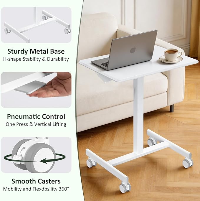 Mobile Standing Desk Adjustable Height Rolling Sit-Stand Laptop Desk with Lockable Casters Portable Compact Computer Table for Home Office Dorm White