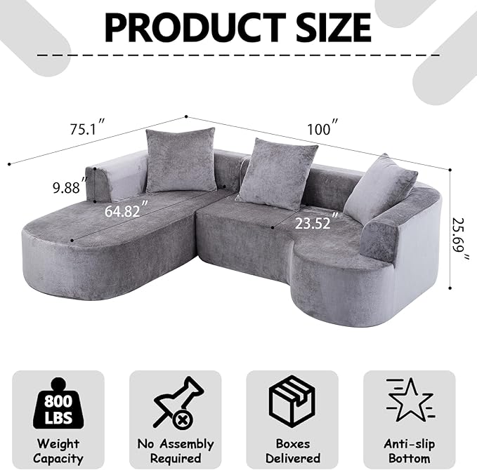 100“ Curved Sectional Couches for Living Room L Shaped Sectional Couch with Deep Seat &amp 3 Pillows Compression Sofa in a Box &amp Cream Couch with Wide Armrest No Assembly Required (Grey)
