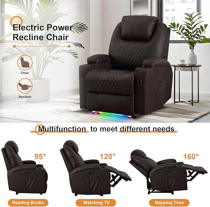 AHMED Power Recliner Chair with Vibration Massage &amp Heat for Adults Faux Leather Home Theater Seating with Cup Holders/LED Lights/USB Ports/Side Pockets for Living Room Brown