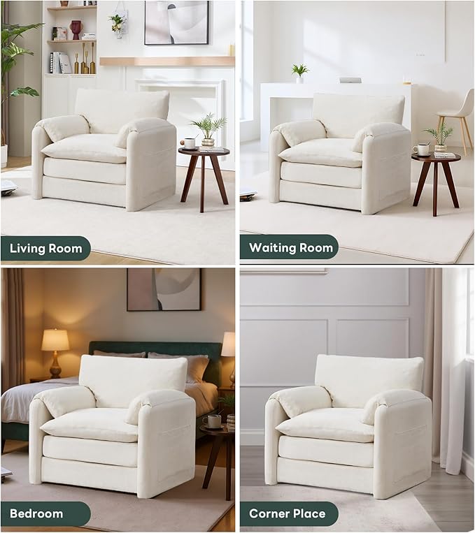 Tbfit Oversized Accent ChairModern Chenille Armchair for Living Room Comfy Upholstered Reading Chairs for Bedroom Apartment Office RV White