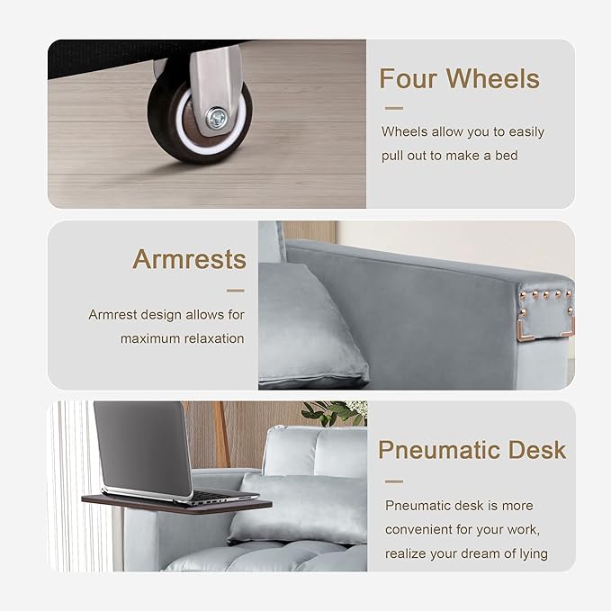 Velvet Convertible 3 in 1 Sleeper Sofa Bed Small Upholstered Loveseat Pull Out Couch Multi-Functional Sleeper Futon with Hidden Table and Adjustable Backrest for Living Room (Gray)