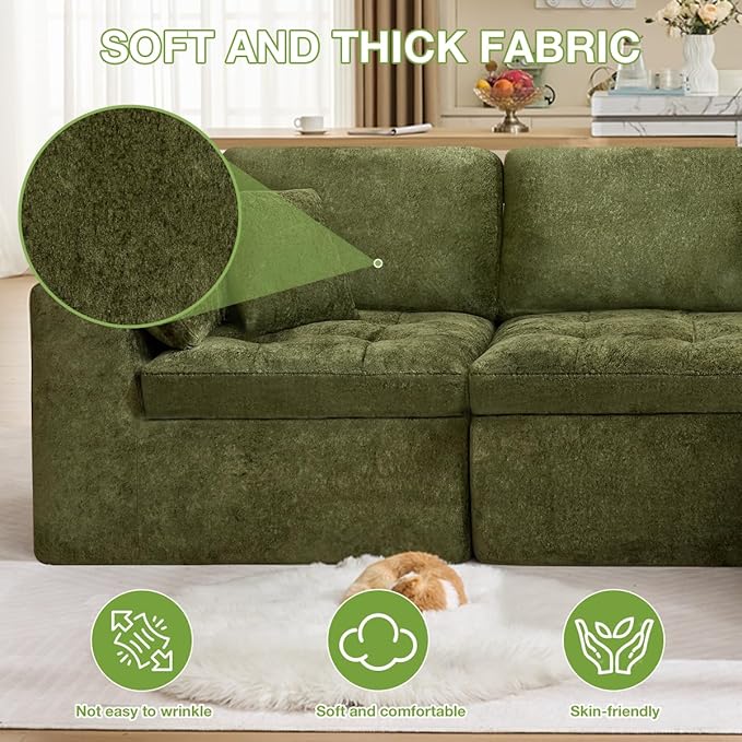 110 Cloud Sectional Couch for Living Room Upholstered L-Shape Modular Sofa with Movable Ottoman 3-Seater Deep-Seat Foam Couch Comfortable Convertible Sectional for Home &amp Apartment（Green）