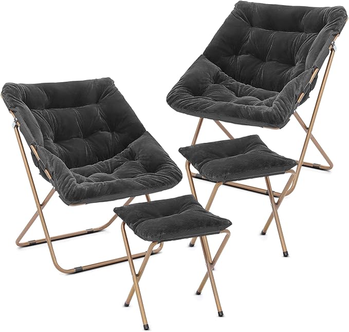 Cozy Saucer Chair Living Room Chair Faux Fur Soft Thick Padded Folding Chair Comfortable Square Moon Chair for Living Room Bedroom Reading Nook Modern Style 2 Pack Black
