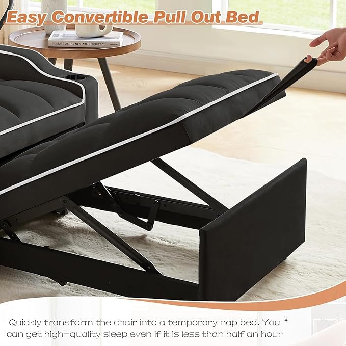 Sleeper Sofa Chair Bed 3 in 1 with Charging Ports Phone Holder &amp Cup Holders - Modern Velvet Convertible Pull Out Single Sofa Bed for Small Spaces Apartment Dorm (Black)