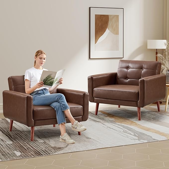 CANMOV 29 W Oversized Leather Accent Chair Set of 2 Mid Century Modern Accent Chairs Armchair Button Back for Living Room Modern Upholstered Bedroom Chair Cozy Armchair with Wood Legs Brown