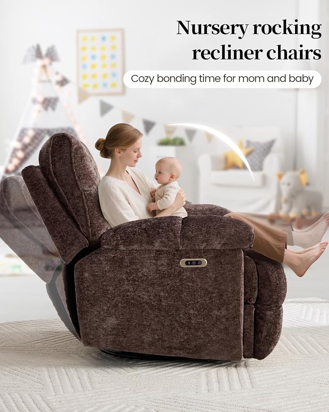 Oversized Power Swivel Rocker Recliner Chair for Big and Tall Electric Chenille Glider with USB Ports Extra Wide Overstuffed Reclining Sofa for Living Room Nursery 375lbs (Brown Power)
