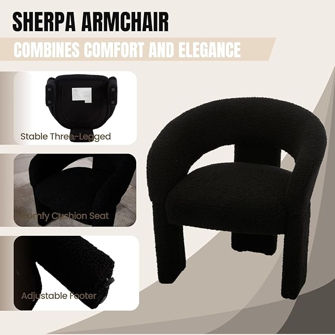 Modern Accent Chairs Set of 2 Black Sherpa Round Barrel Armchairs Comfy Upholstered Lounge Chair for Living Room Bedroom Reading Chair Vanity Chair Comfy Office Waiting Room Chairs