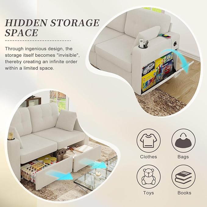 67 Small Loveseat Couch with Storage USB Charging and Cup Holder Space Saving Furniture Modern Chenille Love Seat Sofa Small Couches for Small Spaces Bedroom Apartment Beige