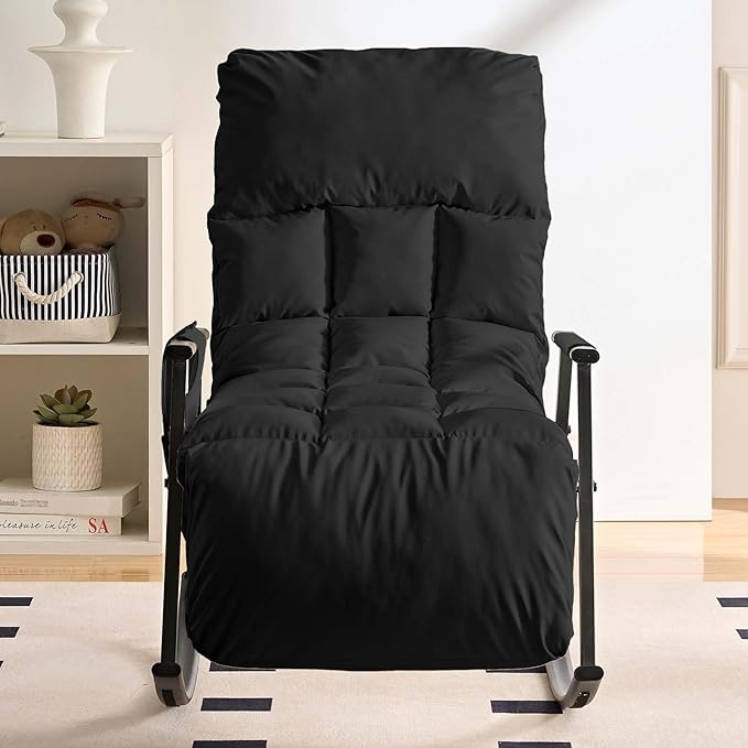 ijuicy Lazy Lsisure Rocking Chair with a Sturdy Iron FrameAdjustable Single ChairGlider Chair for Watching TV or Playing Vedio GamesLiving Room/Bedroom/Guest Room (Black)