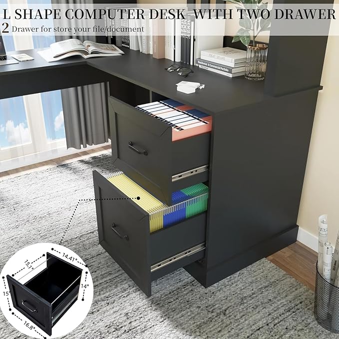 WERSMT L Shaped Computer Desk with Drawers Corner Desk Large Storage Gaming Desk Home Office Desks with Bookshelf Easy to Assemble Black