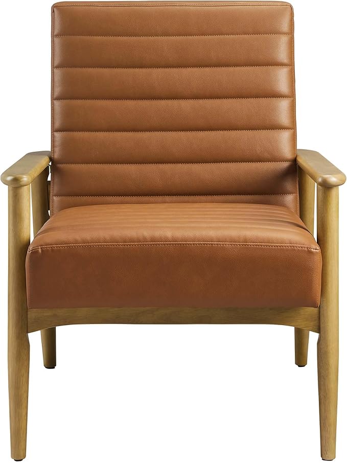 Modway Jensen Vegan Leather Accent Chair in French Oak Tan - Mid-Century Modern Armchair with Solid Wood Legs &amp Armrest - Upholstered Faux Leather Single Side Chair - Reading Chair for Living Room