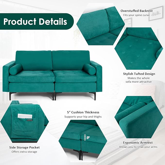Giantex 68 Modern Loveseat 2-Seater Sofa Couch Thick Cushion &amp 2 Bolsters Armrest Magazine Cabby with 2 Pockets Metal Legs Ideal for Living Room Reception Room Office