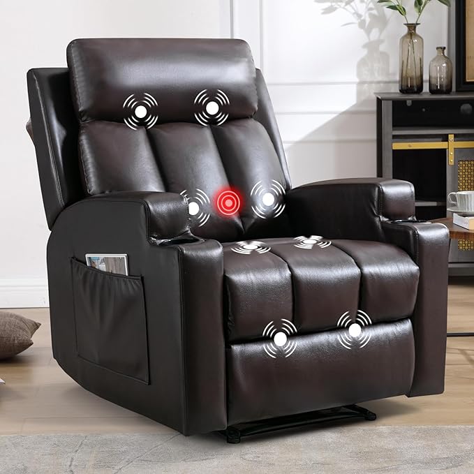 CANMOV Manual Recliner Chair with Massage and HeatBreathable Leather Recliner Chair with Armrest and Backrest Manual Reclining Single Sofa with 2 Cup Holders Side Pocket for Living RoomDark Brown