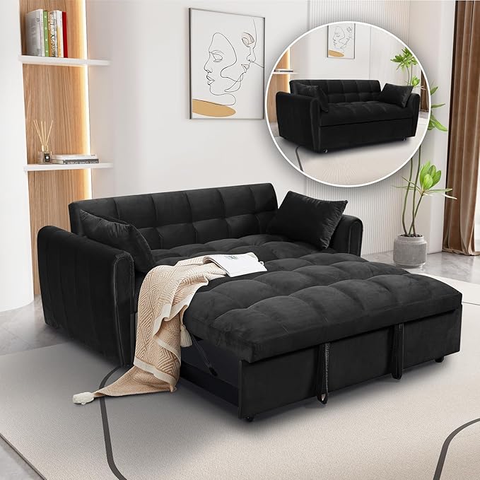 64.9 Velvet Convertible Sofa Bed 3-in-1 Sleeper Loveseat with Adjustable Backrest &amp Soft Armerest Modern Futon for Small Spaces Apartment Living Room Office (Black)