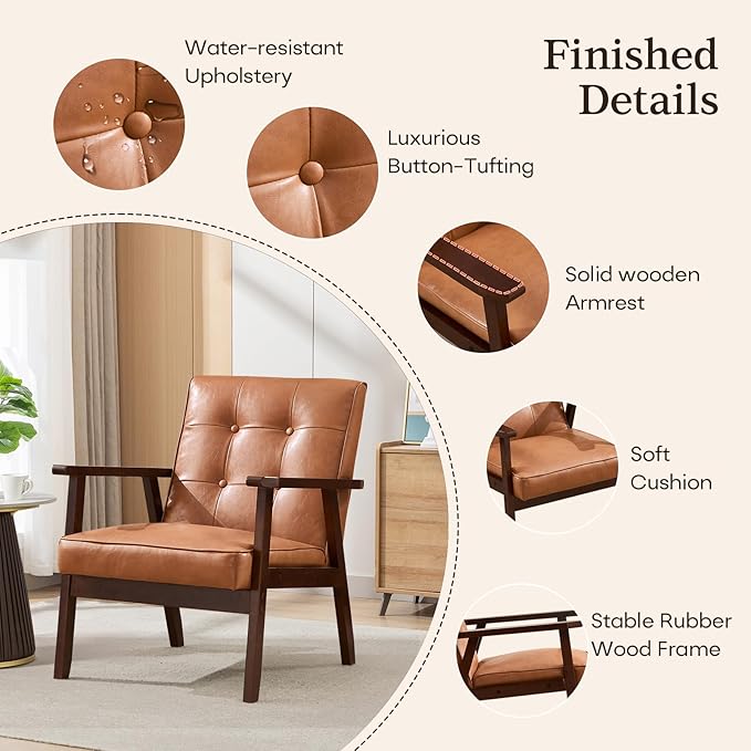 Bonzy Home Mid Century Modern Accent Chair for Living Room Upholstered Faux Leather Armchair Comfy Retro Bedroom Side Chair with Solid Wood Frame Orange