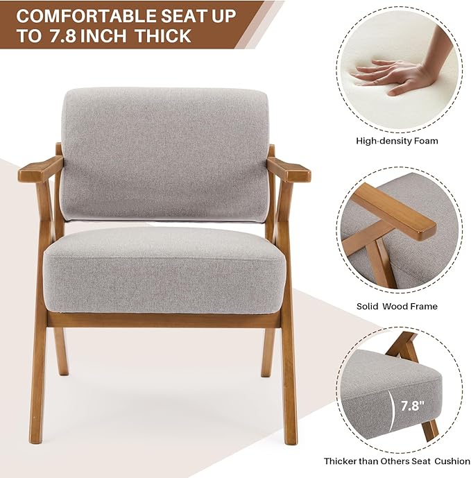 Ergonomic Mid-Century Modern Lounging Armchair | Solid Wood Frame &amp Plush Thickened Cushion | Versatile Seating for Living Room Reading Nook &amp Balcony Light Grey Linen
