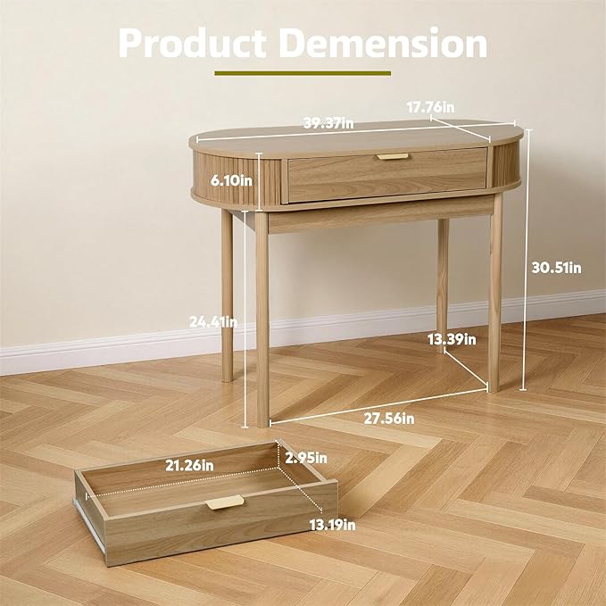 Fluted Small Computer Desk with Drawer 40 Inch Mid-Century Modern Writing Desk with Solid Wood LegsCompact Study Table for Small Spaces Home Office BedroomWalnut