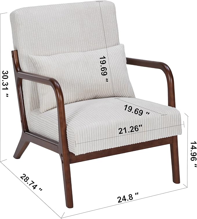GDFStudio Aogex Upholstered Armchair Corduroy Club Chair Accent Chair Solid Wood Single Sofa Lounge with Armrest Comfort Seating with Lumbar Support for Reading Living Room Home Beige+Walnut
