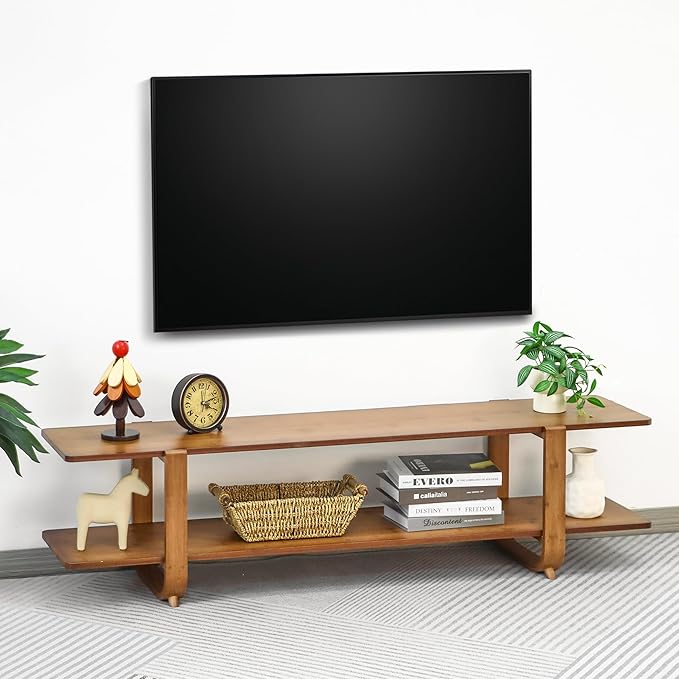 Bamboo TV Stand for TVs up to 65 Media TV Console Table with Storage Accent Entertainment Center with Shelf Modern TV Stand for Living Room Bedroom 55(L) Walnut