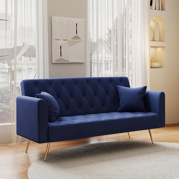 Anwick 72 Modern Velvet Sofa Bed FutonConvertible Folding Sleeper Bed Couches with 3 Adjustable BackrestsTufted Recliner Loveseat with Golden Chrome Legs for Small Living Room Office (Blue)