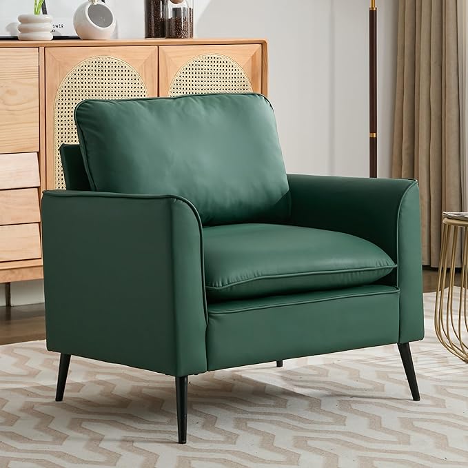 Modern Faux Leather Chair Set of 2 Oversized Arm Chair for Living Room Mid-Century Accent Sofa for Bedroom Comfy Upholstered Single Sofa Readingchair for Waiting Room and conference roomGreen