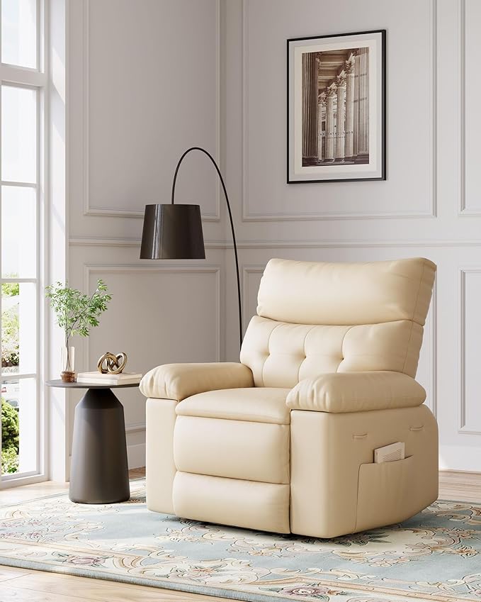 Garvee Oversized Recliner Chair Large Manual Recliner for Adults Lazy Chair PU Leather 1.5X Sponge Filling with Massage &amp Heat - Beige