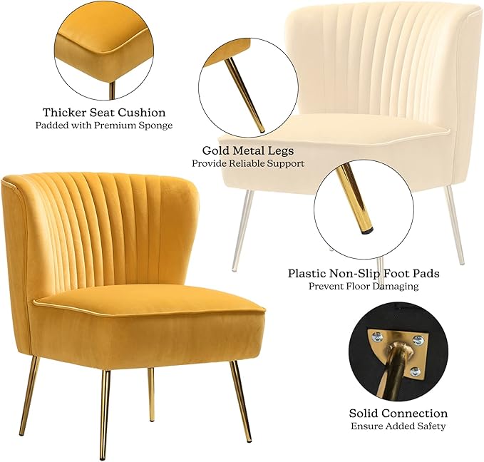 TINA'S HOME Velvet Accent Chair Set of 2 with Metal Golden Legs Upholstered Armless Slipper Chair with Wingback Mid Century Side Chair for Living Room Bedroom Vanity- Mustard
