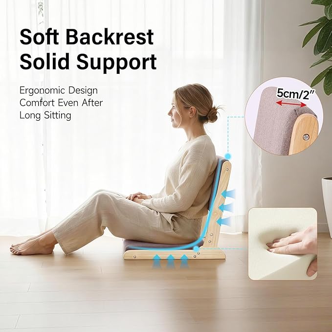 Tiita Floor Chair with Back Support Foldable Meditation Tatami Chairs Backrest Chair with Cushion Living Room Chair Seat 4 Pack Wood Grey